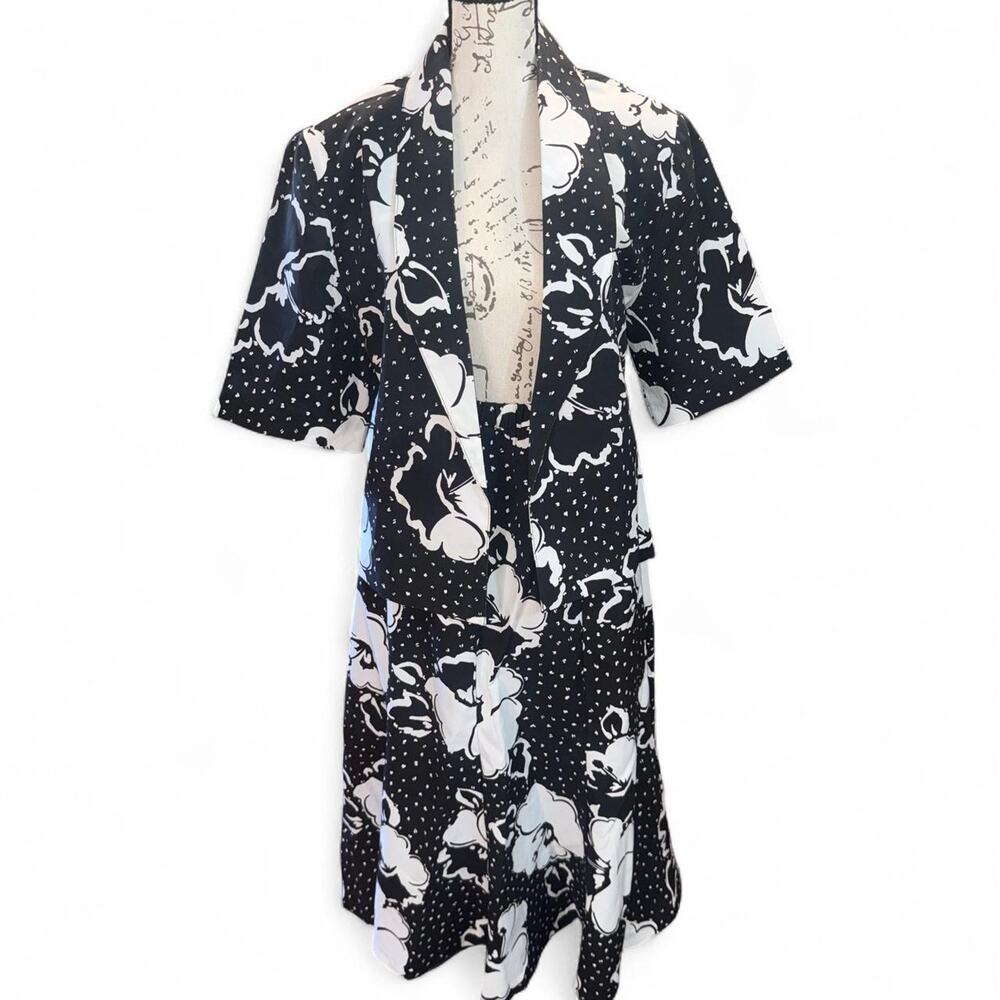 Vintage 80s Regal Black White Floral Polka Dot Skirt Suit Jacket Swing Midi S M